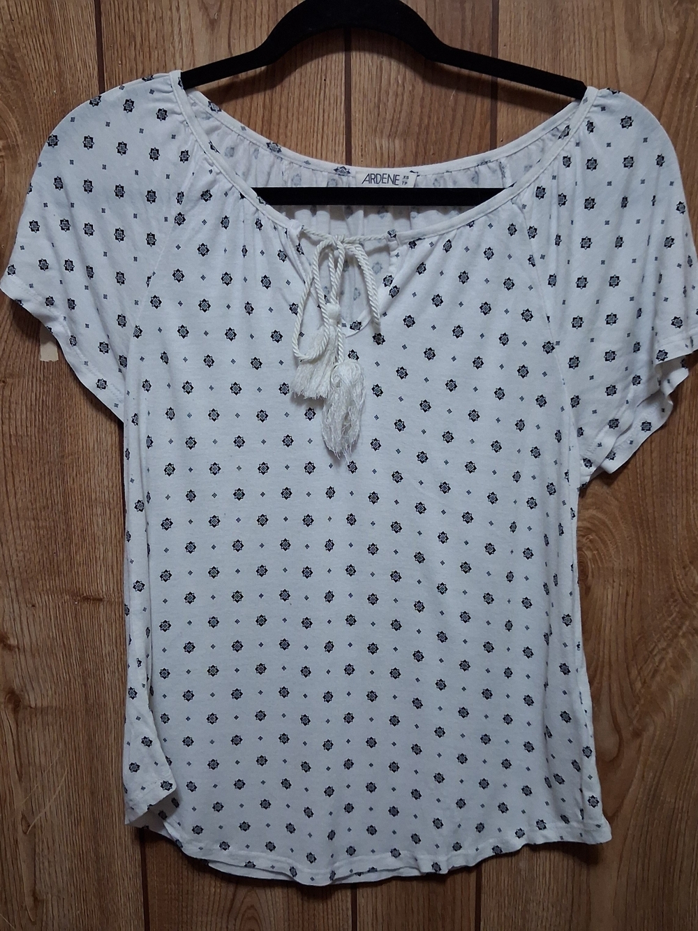 Ardene Cream Short-Sleeve Tassel Tie Blouse with Navy Dot Print